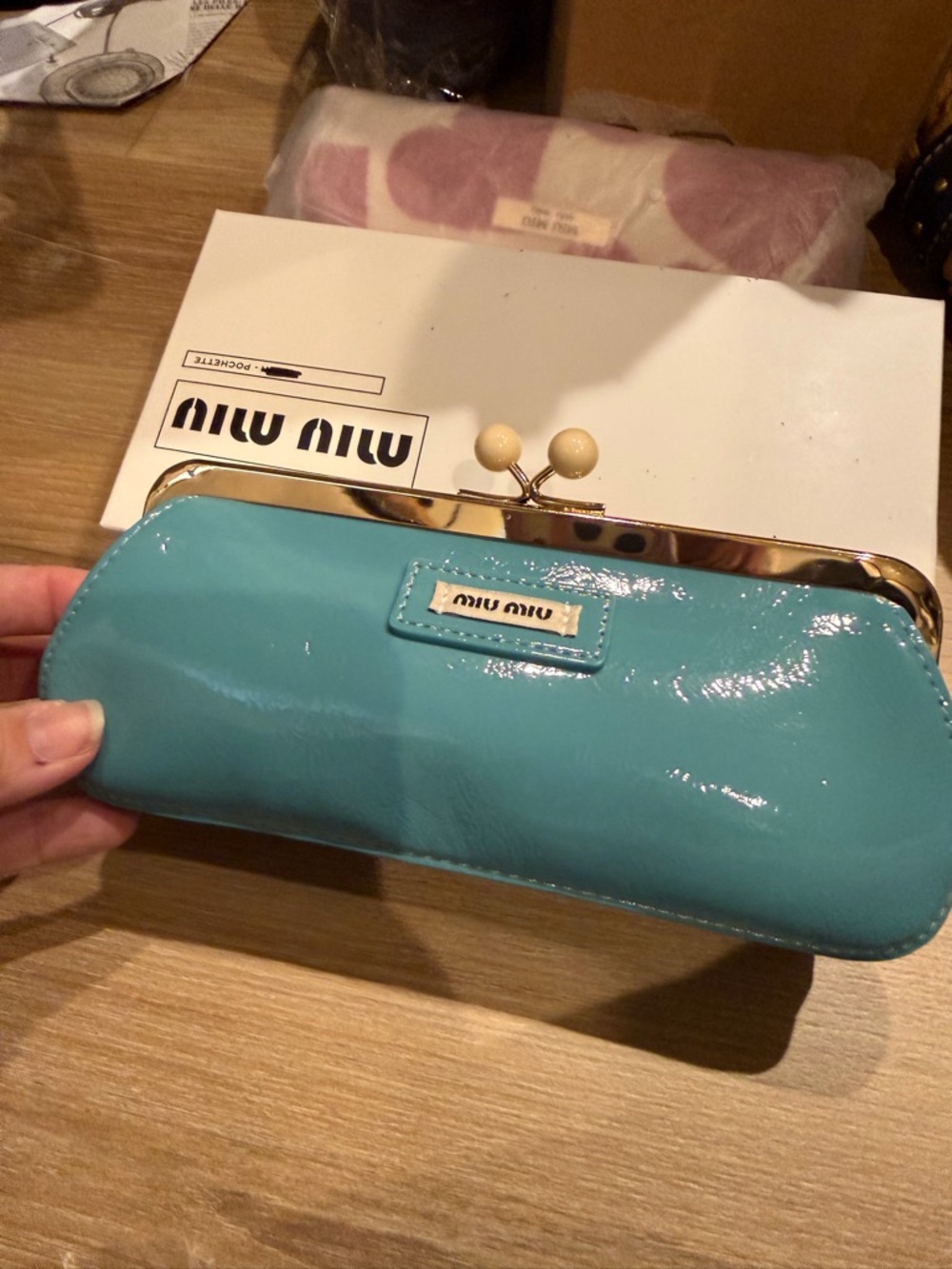 Miu Miu Glossy Turquoise Patent Frame Clutch with Gold Trim